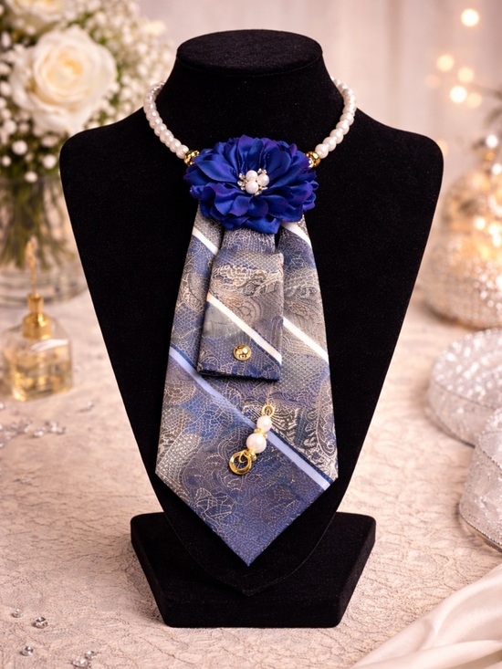 None Jewelry - Elegant Blue Floral Pearl Necklace Scarf Pendant